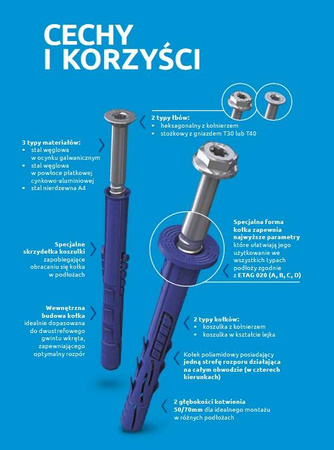 FF1 Kołek ramowy poliamidowy 10x80 mm z kołnierzem, wkręt ocynk galwaniczny, [OP 50]