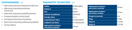 Młotowierka SDS-Plus 850W 26 mm 2,5J walizka RawlCase