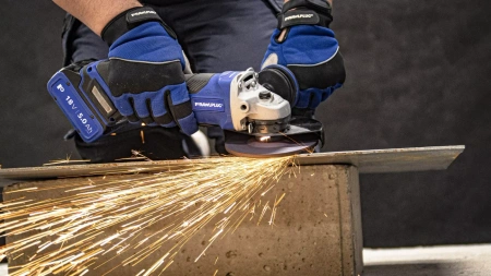 Szlifierka kątowa 18V 125 mm włącznik łopatkowy reg obrotów 2 akumulatory 5,0 Ah ładowarka 6,5 A walizka RawlCase