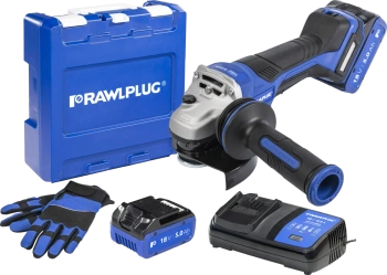 Szlifierka kątowa 18V 125 mm włącznik łopatkowy reg obrotów 2 akumulatory 5,0 Ah ładowarka 6,5 A walizka RawlCase